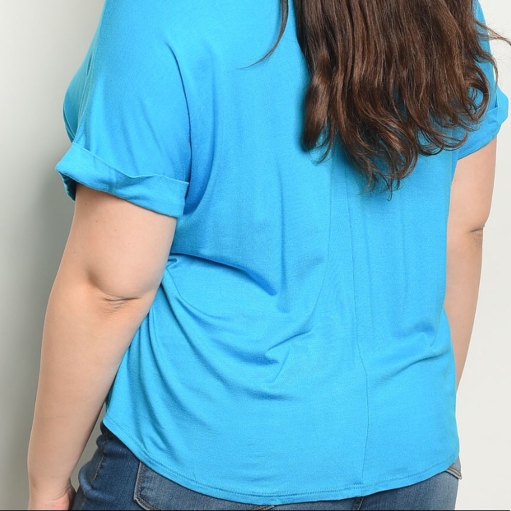 Blue Cuffed Short Sleeve Bottom Tie Top - Picture 3 of 6
